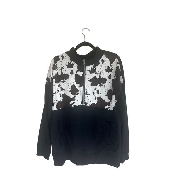 Unisex XL Cow Print Quarter-Zip Pullover Sweatshirt Black White Polyester - Picture 5 of 15